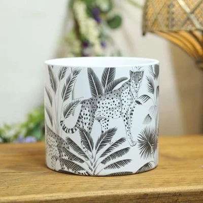 Image of Fyne Finds Round Ceramic Cheetah Animal Jungle Scene Succulent Cactus Indoor Home Planter 12cm, 5inch Herb Plant Pot Cover Holder