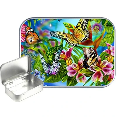Image of TEEZ Colourful Butterfly 30ml Small Silver Hinged Tin, Pill 1oz Tobacco Tin