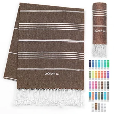 Image of LeStoff Turkish Hammam Towel Quick Drying &amp; Lightweight Peshtemal for Beach, Sauna, Bath, Travel, Yoga Camping Sand Proof Blanket 100% Organic Cotton Eco Friendly (95 x 180 cm, Brown)