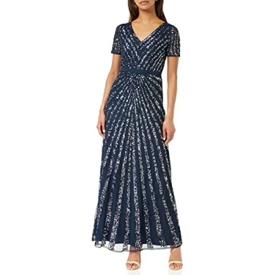 Image of Maya Deluxe Women&#039;s Maxi Ladies Embellished Sequin Dress Long Short Sleeve V Neck High Empire Waist A Cut Shiny Prom Wedding Bridesmaid, Navy, 24