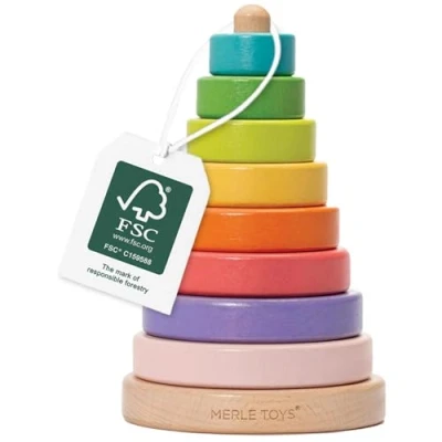 Image of Merle Toys® Wooden Stacking Rings 100% FSC Certified Rainbow Stacker Toy, Baby Toys for 1 year old, with 8 Rounded