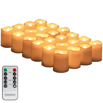 Image of MONZANA® 24 Pcs LED Real Wax Tea Light Candles with 4 8 Hour Timer Function Remote Control 4.5cm Dimmable Warm White Flickering Flame Effect Safe, Smoke Free Batteries Included