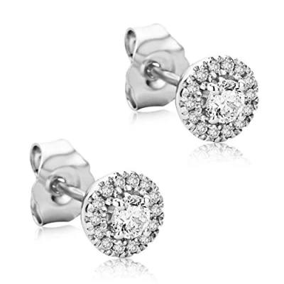 Image of Orovi Woman Studs Earrings 9 ct / 375 White Gold With Diamonds Brilliant Cut 0.07 and Centre Stone 0.19