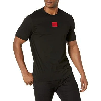 Image of HUGO Men&#039;s Ribbed Crew Neck Regular Fit Center Logo T Shirt, Raven Black, S