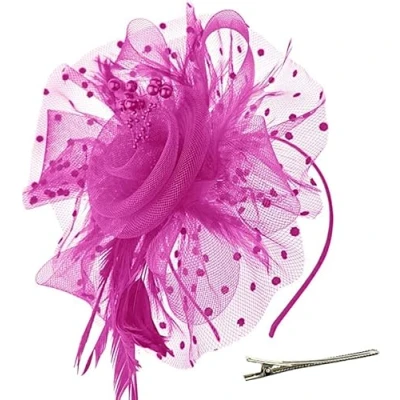 Image of db11 Fascinators Hat Flower Mesh Ribbons Feathers on a Headband and Clip Tea Party Headwear for Women (Rose Red)