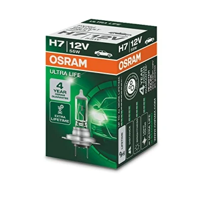 Image of OSRAM ULTRA LIFE H7, halogen headlamp, 64210ULT, 12 V passenger car, folding carton box (1 unit) clear/silver