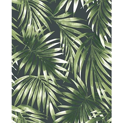 Image of Superfresco Easy Green Elegant Leaves Tropical Trail Wallpaper Paste The Wall Black &amp; Leaf Design Cover for Small Cracks Feature or 4