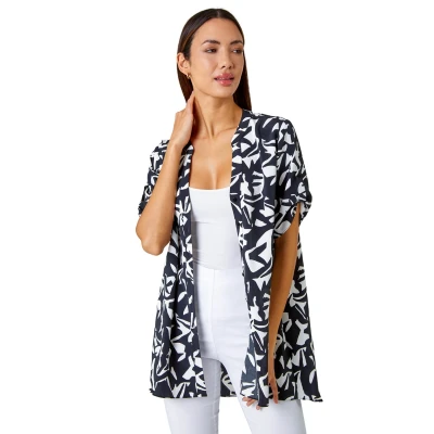 Image of Roman Abstract Print Dipped Hem Shirt for Women UK Ladies Spring Everyday Summer Holiday Notch Neckline Comfy 3/4 Sleeve Soft Button Fastened Top Day Out Blouses Black Size 10