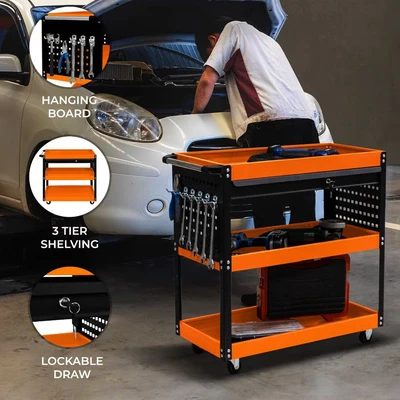 Image of Tool Storage Tolley 3 Tier Portable Cart Roller Cabinet Lockable Drawer 2 Keys 4 Castor Wheels Handle Hanging Boards 6 Hooks 150kg Capacity Workshop Garage Utility DIY Heavy Duty Powder Coated Steel