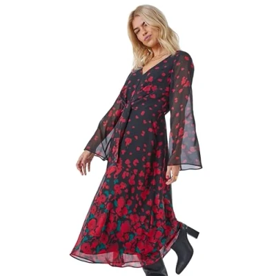 Image of Dusk Fashion Animal Print Knot Detail Dress for Women UK Ladies Autumn Everyday Winter Holiday V Neckline Comfy Long Sleeve Soft Tie Waist Frock Fit &amp; Flare Gowns Red Size 8