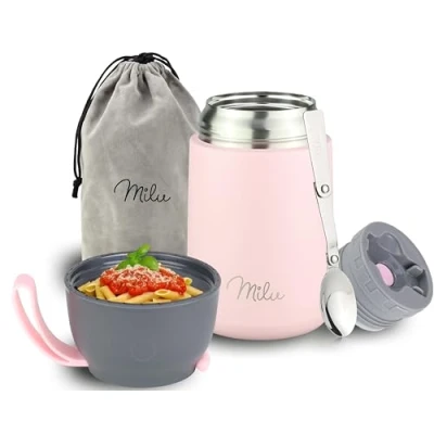 Image of Milu® Thermo Food Flask 300, 440, 450, 650, 800ml Stainless Steel Insulated Container Lunchbox Jar with Spoon for hot and Cold (Pink, 450ml)