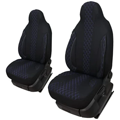 Image of Custom Seat Covers Protective Pilot Seats Driver &amp; Passenger Set Compatible with Motorhome Fiat Ducato, Pössl, Knaus, Adria, Carthago, Pilote Laika WPL406 Black/Blue Stitching