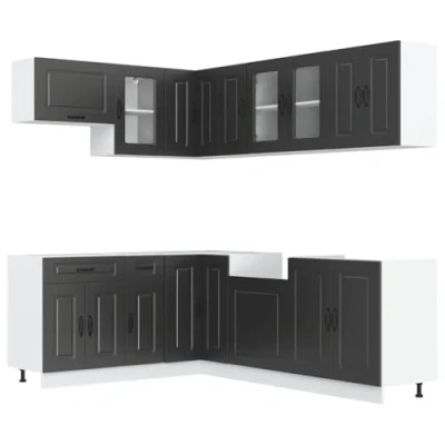 Image of vidaXL Kalmar Black Engineered Wood 11 Piece Kitchen Cabinet Set with Adjustable Feet Includes Base, Wall Cabinets, and Dishwasher Panel