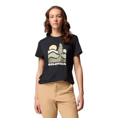 Image of Columbia Women&#039;s Ruby Springs Graphic Fitted Short Sleeve, Sleeve T Shirt, Black/Get Hiked, L