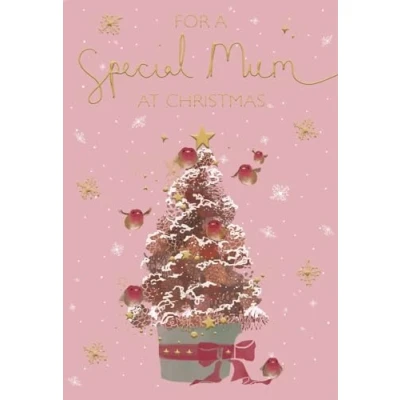 Image of ICG Special Mum Christmas Card Pine Cone Tree and Robins Embossed with Foil Flitter Details