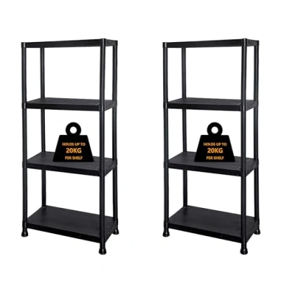 Image of Crystals Plastic Shelving Unit 3/4/5 Tier Pack of 1/2/3 Durable Heavy Duty Storage Shelves for Garage, Workshop, Shed, Office Adjustable Racking (2, 4 Shelve)