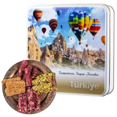 Image of Turkish Delight Gift Box Parmak Lokum Gourmet Mixed Dessert Baklava Pastries Sweets 300g In Elegant Tin Corporate, Christmas, Thanksgiving Food Gifts For Women, Mens, Mum, Dad