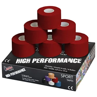 Image of ALPIDEX 6 x Sports Tape 10 m 3.8 cm Many Colours Zinc Oxide Finger Tearable Skinfriendly Handball Football Volleyball Rugby, Colour:red