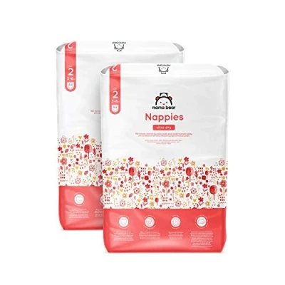 Image of Amazon Brand Mama Bear Ultra Dry Nappies, Size 2 (3 6 kg), 168 Count (2 Packs of 84), White, Monthly Pack