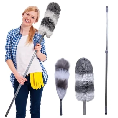 Image of Knight Telescopic Extendable Feather Duster with 1.6m Stainless Steel Handle 2 Washable Replacement Heads Microfiber &amp; Anti Static Perfect for High Reach Cleaning, Ceiling Fans, Blinds, Cobwebs.