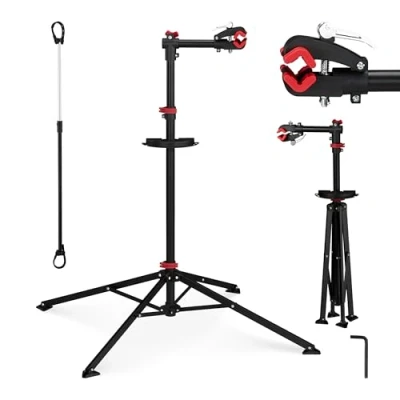 Image of Relaxdays Bicycle Stand with Tool Storage, for Bike Maintenance &amp; Folding and Adjustable, w 4 Legs, Steel, Black
