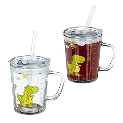 Image of Relaxdays Children&#039;s Cups, Set of 2, Dinosaur Design, Drinking Glass for Kids, with Handle, Lid &amp; Straw, 400ml, Clear, 12 x 12.5 9.5 cm