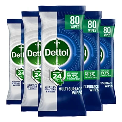 Image of Dettol Protect 24 Multipurpose Wipes, Multipack of 5 x 80s, Total 400 Wipes