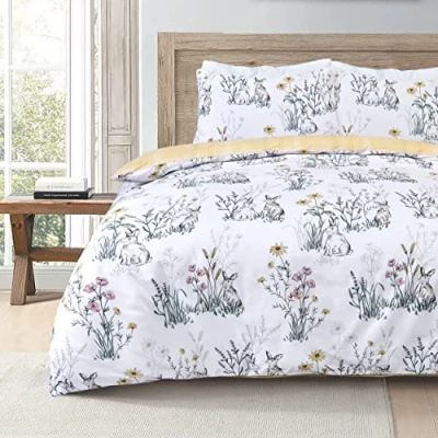 Image of Sleepdown Rabbit Meadow Floral White Ochre Plaid Check Reversible Duvet Cover Quilt Pillow Case Bedding Set Soft Easy Care Single (135cm x 200cm)