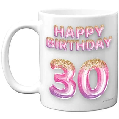 Image of 30th Birthday Gift for Women Pink Purple Glitter Balloons Happy Mug Present 30 Year Old Daughter Sister Colleague Cousin Friend, 11oz Ceramic Dishwasher Safe Coffee Mugs Cup