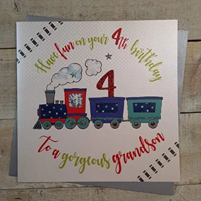 Image of white cotton cards XR41 4gs Large &quot;Have Fun on Your 4th Birthday to a Gorgeous Grandson&quot; Handmade Card