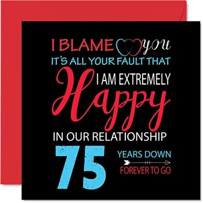 Image of Funny 75th Anniversary Card for Husband Wife Your Fault I&#039;m Extremely Happy Wedding Partner, 145mm x Greeting Cards Seventy Fifth Anniversaries
