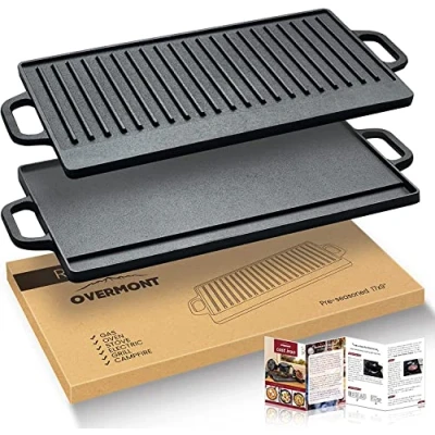 Image of OVERMONT Pre Seasoned Cast Iron Reversible Griddle Grill Pan with Handles for Gas Stovetop Open Fire Oven, 51.2 * 23.5CM (20x9.2) One Tray, Scrapers Included