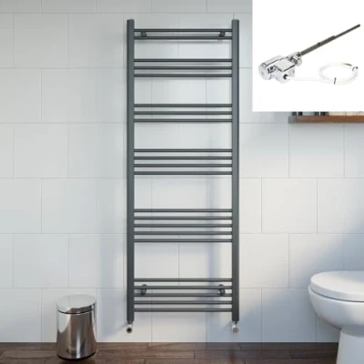 Image of DuraTherm® 1600 x 600mm Flat Straight Heated Towel Rail Radiator Dual Fuel Bathroom Warmer Wall Mounted Ladder Rad Anthracite Thermostatic, 300W