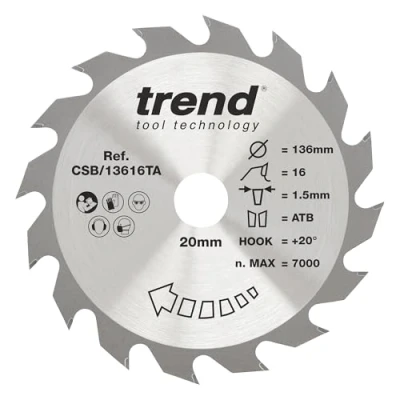 Image of Trend Wood Cordless Circular Saw Blade, 136mm Diameter, 20mm Bore, 16 Teeth, TCT, 1.5mm Kerf, +20 Hook, CSB/13616TA