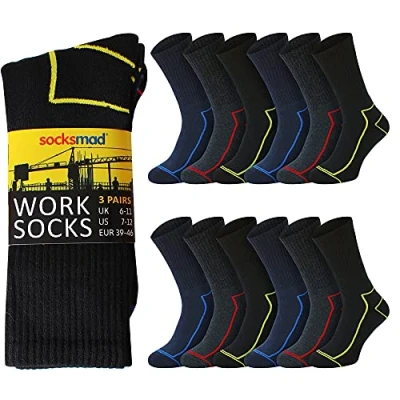 Image of Socksmad 12 Pack Mens Work Socks Thick Boot for Men Cushioned Padded Sole Builders, Mechanics, Engineers Heavy Duty Moisture Wicking Line Design Size 6 11 UK