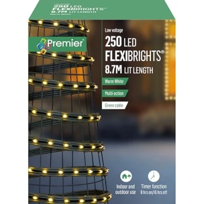 Image of Premier 250 LED Flexibrights Lights Warm White Multi Action with Green Cable, 8.7m Lit Length, Timer Function, Indoor/Outdoor Use