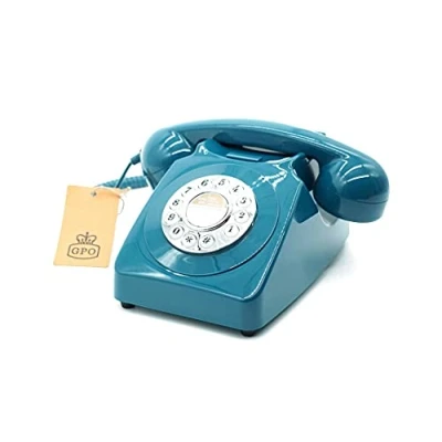 Image of GPO 746 Push Button Retro Landline Phone, Vintage Telephone for Home, Office, Phones with Authentic Bell Ring and Curly Cord, Azure Blue