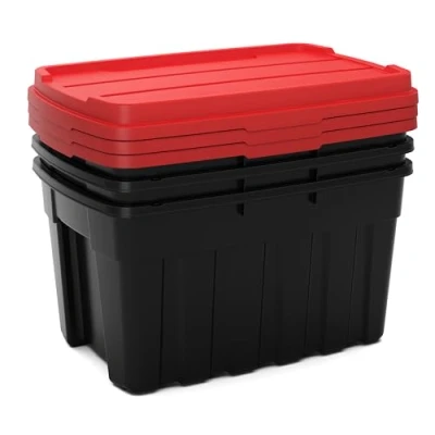 Image of Keter Tuff box 140L Set of 3 Extra Large Stackable Storage with Lid Black and Red