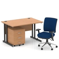 Image of Impulse 1200 Desk Oak/Black Cantilever 3 Drawer Mobile Ped Blue Chair