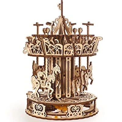 Image of UGEARS Carousel 3D Puzzles Adult Spinning Wooden Construction Kit Easy Self Assembling Mechanical Puzzle Model Kits for Adults to Build Gorgeous Gift and Home Décor