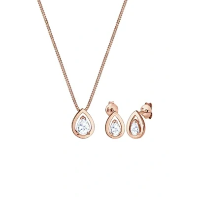 Image of Elli Women&#039;s 925 Sterling Silver Rose Gold Plated Drop Zirconia Jewellery Set 45cm length