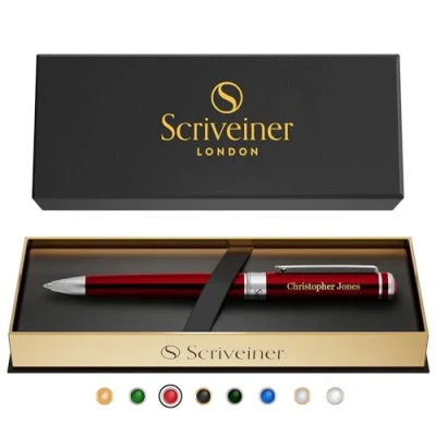 Image of Scriveiner Ballpoint Pen London Stunning with 24K Gold Finish, Schmidt Black Refill, Best Ball Gift Set for Men &amp; Women (Crimson Red Chrome (Personalised))