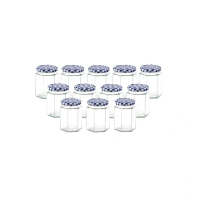 Image of Lucenté 12PC Glass Jam Jars Preserve Pots Pickle with Airtight Blue Gingham Screw Top Lids 280ml