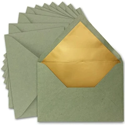 Image of 75x DIN C5 envelopes 15.6 x 22 cm made of kraft paper in green with gold silk lining wet glue blank recycled UmWelt series