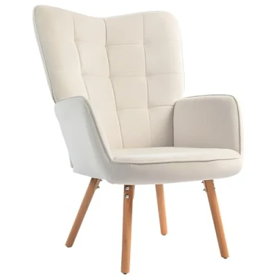 Image of HOMCOM Modern Accent Chair Velvet Touch Tufted Wingback Armchair Upholstered Leisure Lounge Sofa Club with Wood Legs, Cream White