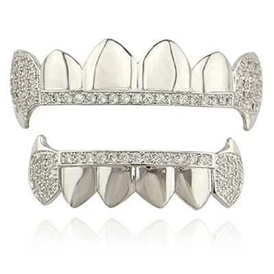 Image of Sadiyamo Shiny Hip Hop Teeth Grillz Caps Iced Out CZ Top and Bottom Vampire Fangs with Diamonds for Your Men Women