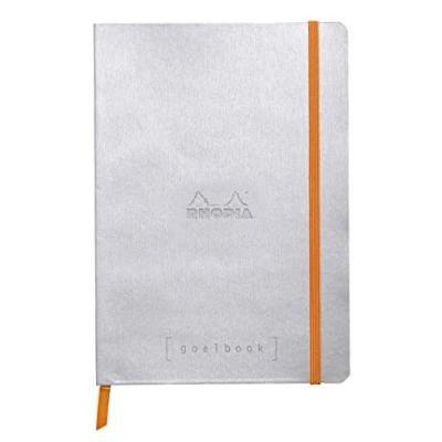 Image of RHODIA 117741C Soft Notebook Bullet Journal Goalbook Silver A5 Dotted Dot 240 pages 90g Ivory Clairefontaine Paper 2 Ribbons, Elastic Closure Faux Leather Cover