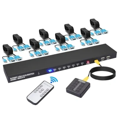 Image of TCNEWCL 8 Port VGA KVM Switch, USB Switcher for Computers Share 1 Monitor Keyboard Mouse Scanner Pinter, with Wired/Wireless Controller, 2 in cables included