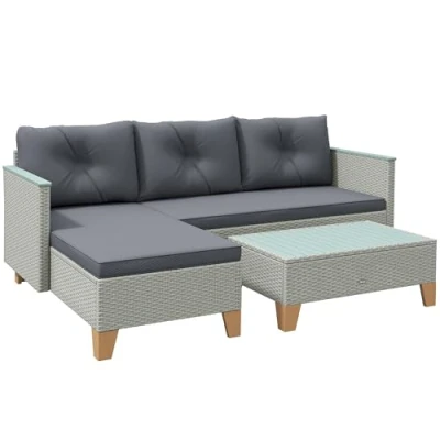 Image of Outsunny 3 Pieces Rattan Garden Furniture Set, L Shaped Conversation Chaise Lounge with Wood Top Coffee Table and Thick Cushions, Charcoal Grey