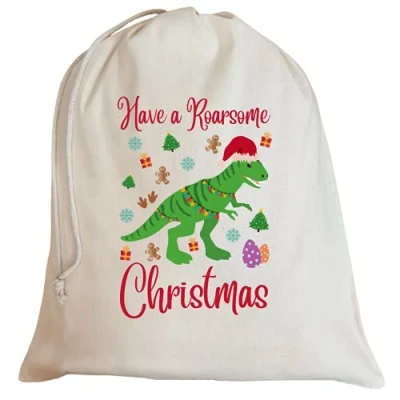 Image of Second Ave Cute Children&#039;s Dinosaur Cotton Drawstring Christmas Xmas Santa Sack Bag Gift